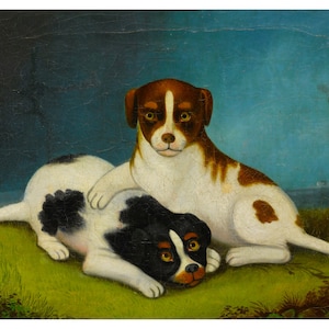 Primitive American folk art painting of two puppies, Dog art print, Vintage animal wall art, Antique Americana decor, 19th century, 1800s