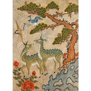 Korean Minhwa painting art print, Deer, Cranes, Antique Asian folk art, Vintage Oriental decor, Nature wall art, Woodland animals, Wildlife
