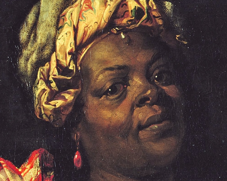 May include: A close-up portrait of a woman with dark skin wearing a patterned headscarf and a red and gold garment. She has a serious expression and is wearing a large, red earring.