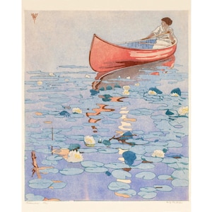 Woman Canoeing art print, Craftsman style color block print, Canoe painting, Waterlilies, Lake wall art, Cabin decor, Walter Joseph Phillips