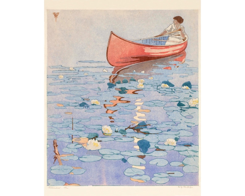 May include: A red canoe with a person paddling on a lake with lily pads and white flowers.