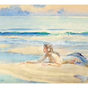 Mermaid art print, Vintage mermaid watercolor painting, John Reinhard Weguelin, Ocean wall art, Pastels, Beach house decor, Antique seascape