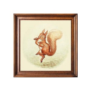 May include: A framed print featuring a watercolor illustration of a dancing squirrel. The squirrel is depicted in shades of brown and orange, with a fluffy tail. The artwork is set against a soft, light green background, framed in a dark brown wooden frame.