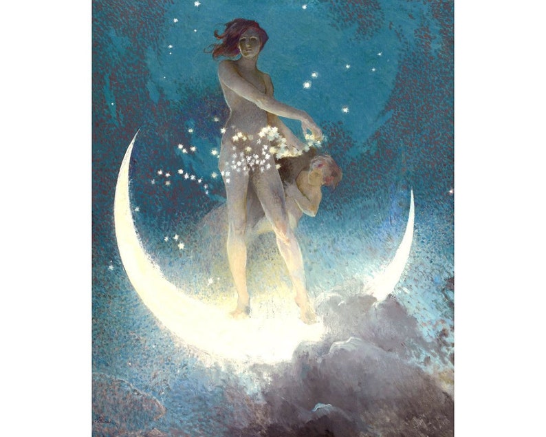 Moon goddess art print Celestial wall art Vintage nude image 0