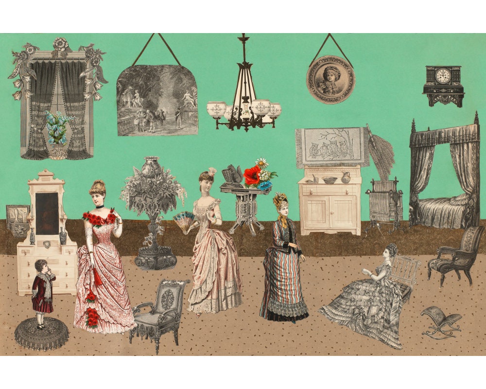 Vintage Victorian Collage Art Print, Antique Bedroom Wall Art