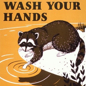 Vintage Wash Your Hands Sign, Retro bathroom art print, Kitchen wall art, Raccoon, Mid-century, Woodland animals, Public health poster