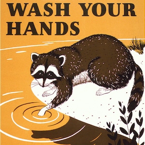 Vintage Wash Your Hands Sign, Retro bathroom art print, Kitchen wall art, Raccoon, Mid-century, Woodland animals, Public health poster