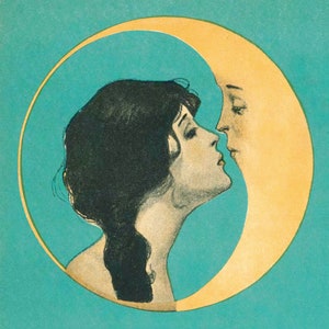 Vintage woman kissing moon art print, Man in the moon, Art nouveau, Art deco, Antique moon face, Crescent moon, Kiss, Dear old dixie moon