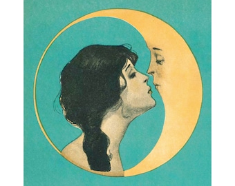 Vintage woman kissing moon art print, Man in the moon, Art nouveau, Art deco, Antique moon face, Crescent moon, Kiss, Dear old dixie moon