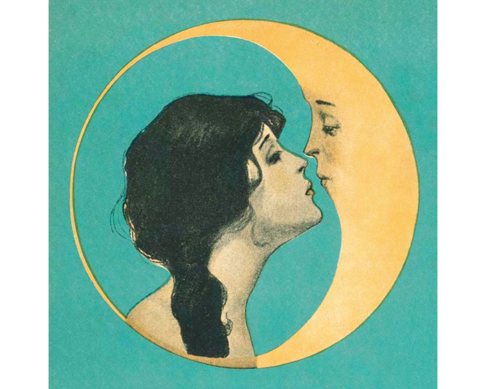 Vintage woman kissing moon art print, Man in the moon, Art nouveau, A…