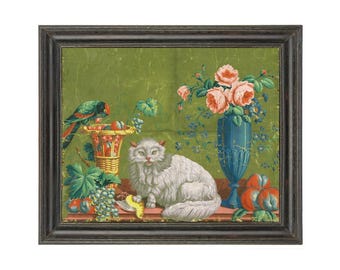 Antique cat painting art print, Vintage cat wall art, Long haired white cat, Flowers, Parrot, 19th century, Ornate, Opulent, Persian cat