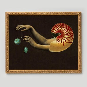 Mother Gaia art print, Surreal collage, Goddess of the Universe, Mystical wall art, Earth, Moon, Cosmic egg, Chambered nautilus shell, Hands