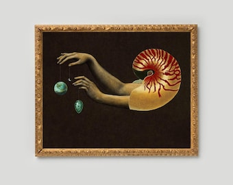 Mother Gaia art print, Surreal collage, Goddess of the Universe, Mystical wall art, Earth, Moon, Cosmic egg, Chambered nautilus shell, Hands