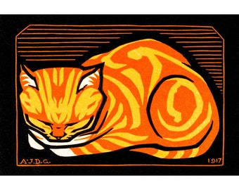 Könnte beinhalten: Eine stilisierte Illustration einer orangefarbenen Tabby-Katze im Schlaf. Die Katze ist zu einer Kugel zusammengerollt, mit dem Kopf auf den Pfoten ruhend. Der Hintergrund ist schwarz mit orangefarbenen und schwarzen Streifen.