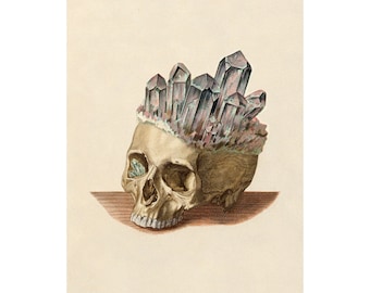 Crystal skull art print, Memento mori wall art, Vintage crystals illustration, Surreal collage, Magical, Gems and minerals, Human anatomy