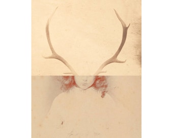 The Wild Thing, Surreal collage art, Surreal portrait, Antlers, Horns, Childhood, Antique photo art, Sepia, Wildness, Wilderness, Nature art