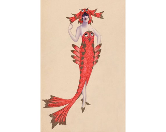 Fish woman, fashion wall art, Vintage fashion art print, Fashion illustration drawing, Red fish, Funny fashion, Kitsch art print, Flapper