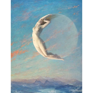 Selene painting by Albert Aublet, Moon goddess art print, Celestial wall art, Luna, Crescent moon, Vintage woman, Art Nouveau, Blue Sky