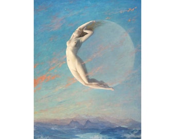 Selene painting by Albert Aublet, Moon goddess art print, Celestial wall art, Luna, Crescent moon, Vintage woman, Art Nouveau, Blue Sky