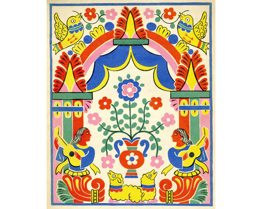 Vintage Mexican Folk Art Print, Antique Mexico Wall Art