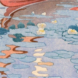 May include: A close-up of a blue and white watercolor painting depicting a pond with lily pads and white water lilies. The water is a light blue with hints of pink and brown.