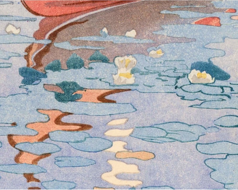 May include: A close-up of a blue and white watercolor painting depicting a pond with lily pads and white water lilies. The water is a light blue with hints of pink and brown.