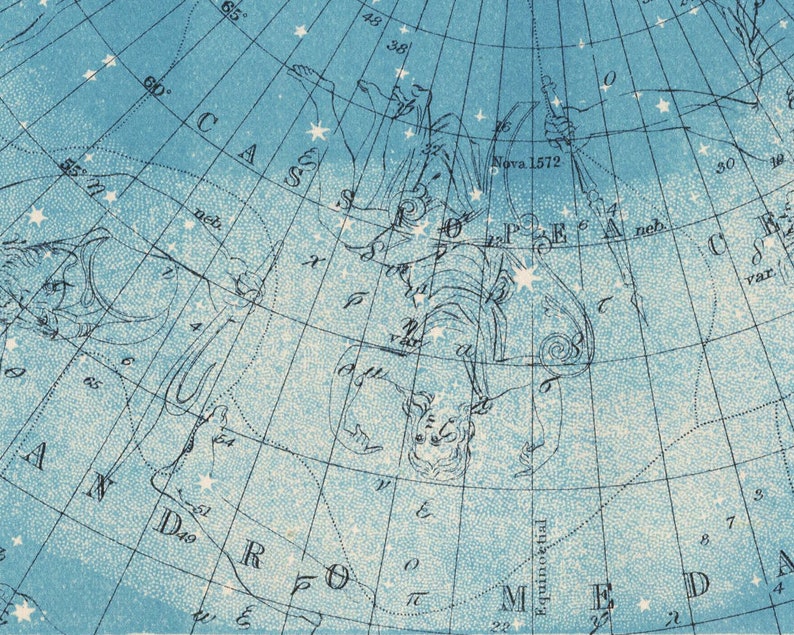 May include: A vintage star chart with a blue background and white grid lines. The chart shows the constellation Cassiopeia, with the text "Nova 1572" and "neb" visible. The constellation Andromeda is also partially visible.