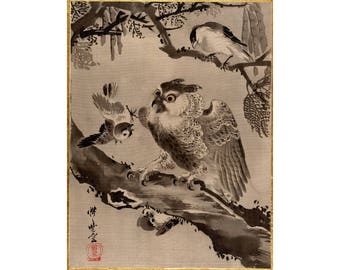 Japanese Owl art print, Vintage owl painting, Antique bird wall art, Screech owl, Animal art, Wildlife fine art, Tree, Birds, Oriental decor