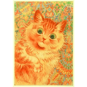 Psychedelic cat drawing by Louis Wain, Kaleidoscope cat art print, Orange tabby kitten, Outsider art, Vintage animal wall art, Folk art cat