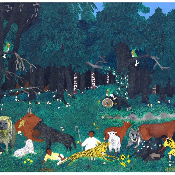 Horace Pippin Holy Mountain II, African American folk art painting, People of color wall art, Animals, Eden, Magical, Mystical, Jungle