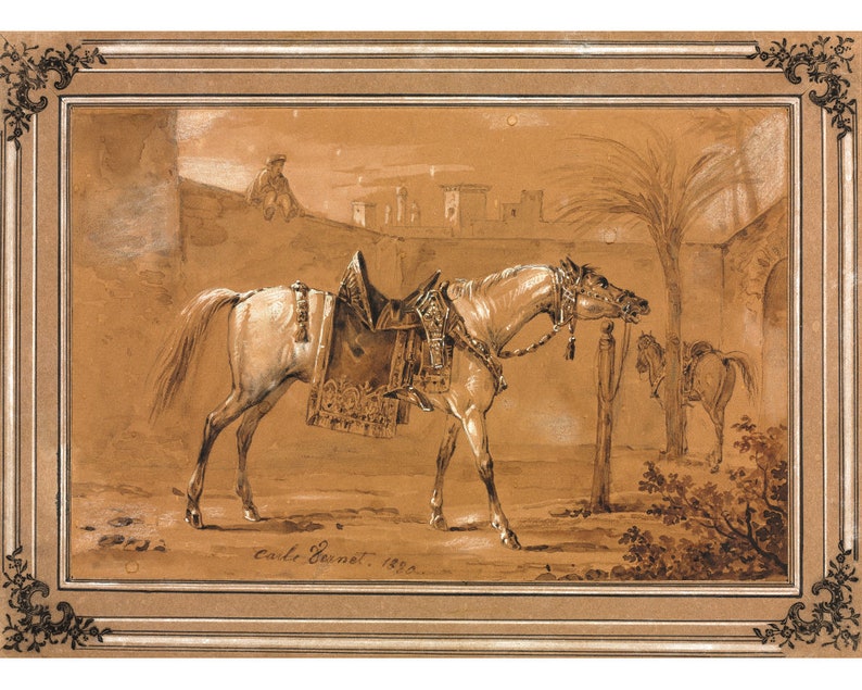 May include: A black and white pencil drawing of a horse with a saddle and bridle, standing in a courtyard with a palm tree and a building in the background. The drawing is signed "Emile Janet, 1880."