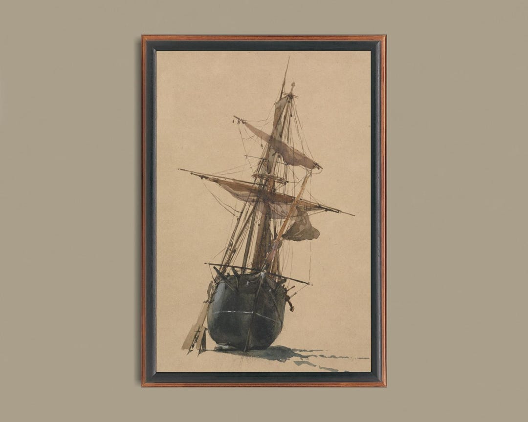 Antique Sailing Ship Art Print, 19th Century Sailboat Sketch Drawing ...