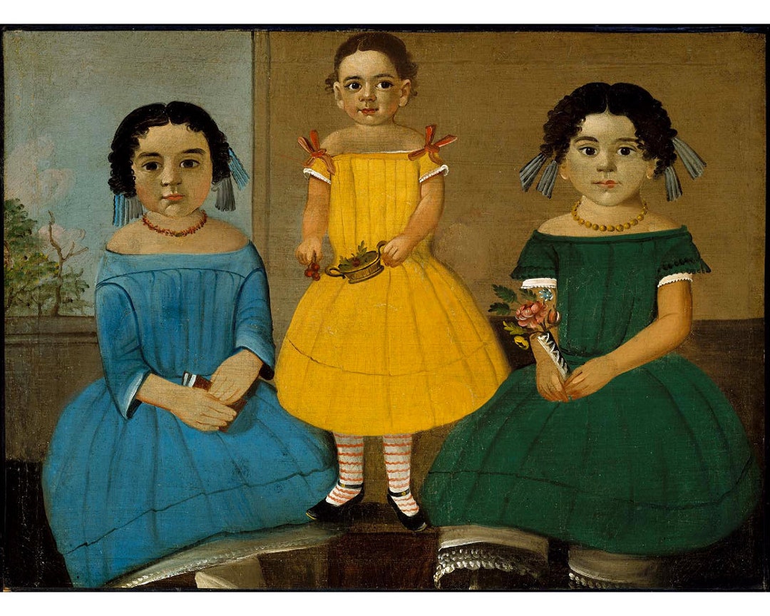 African American Folk Art Child Portrait, Black Americana, Three