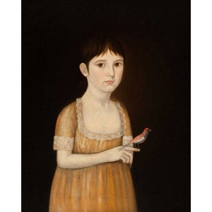 Folk art portrait of girl with bird, John Brewster Jr., 19th century American folk painting, Child, Children, Animals, Primitive Americana