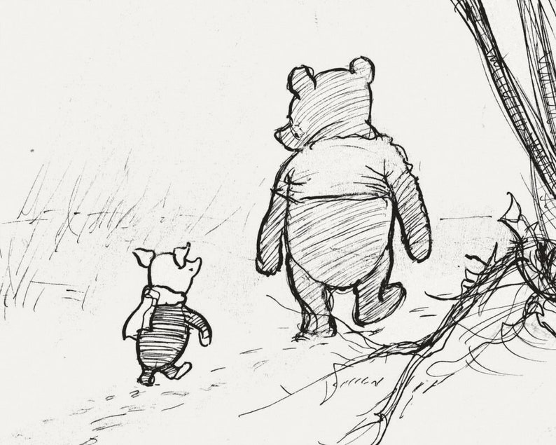 Vintage Winnie the Pooh illustration art print, E.H. Shepard drawing 1926, Pooh and Piglet walking away in the woods, Kids, Nursery wall art image 2