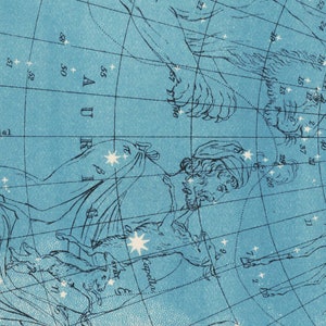 May include: A vintage celestial chart with a blue background and a grid pattern. The chart depicts constellations with star names and numbers. The constellation Auriga is shown with the star Capella.