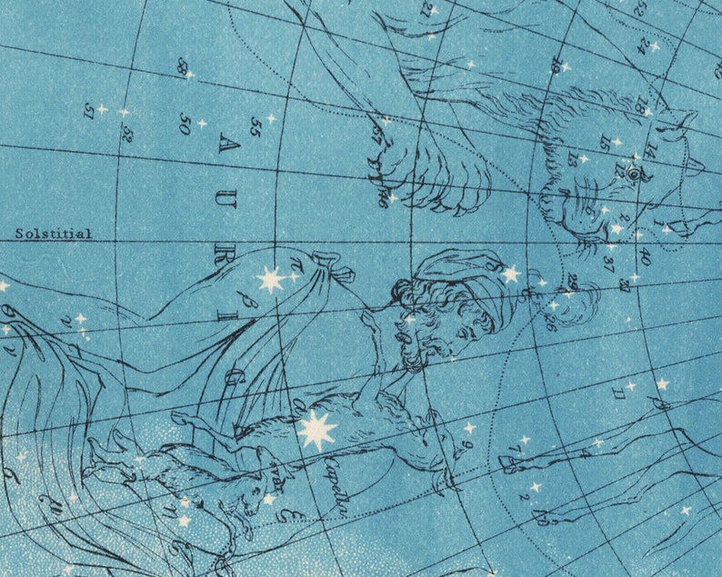 May include: A vintage celestial chart with a blue background and a grid pattern. The chart depicts constellations with star names and numbers. The constellation Auriga is shown with the star Capella.