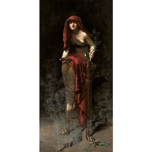 May include: A painting of a woman in a red robe sitting on a stool. She is holding a branch with leaves in her right hand and a bowl in her left hand. Smoke is rising from the ground around her feet.