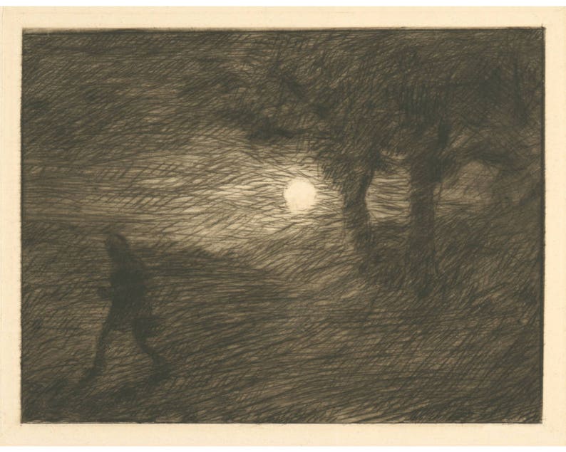 May include: A black and white etching of a lone figure walking through a field under a full moon. The figure is silhouetted against the bright moon, and the field is filled with long, thin lines that suggest grass.