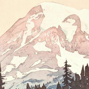 May include: A print of a mountain landscape with a snow-capped peak. The artwork features a color palette of pink, white, and blue, with silhouetted trees in the foreground. The style is reminiscent of a woodcut or linocut print.
