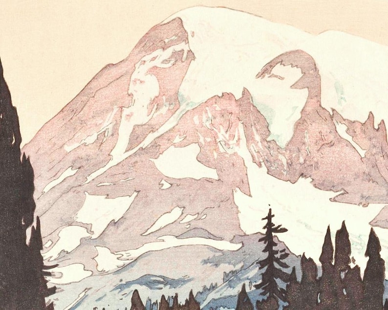 May include: A print of a mountain landscape with a snow-capped peak. The artwork features a color palette of pink, white, and blue, with silhouetted trees in the foreground. The style is reminiscent of a woodcut or linocut print.