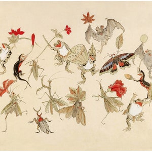 Dancing forest animals art print, Japanese animal painting, Vintage frog wall art, Kawanabe Kyosai woodblock, Woodland creatures, Magical
