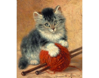 Kitten and yarn ball, Vintage cat painting, Kitsch cat art print, Knitting art, Gift for knitter, Kitten wall art, Henriette Ronner-Knip