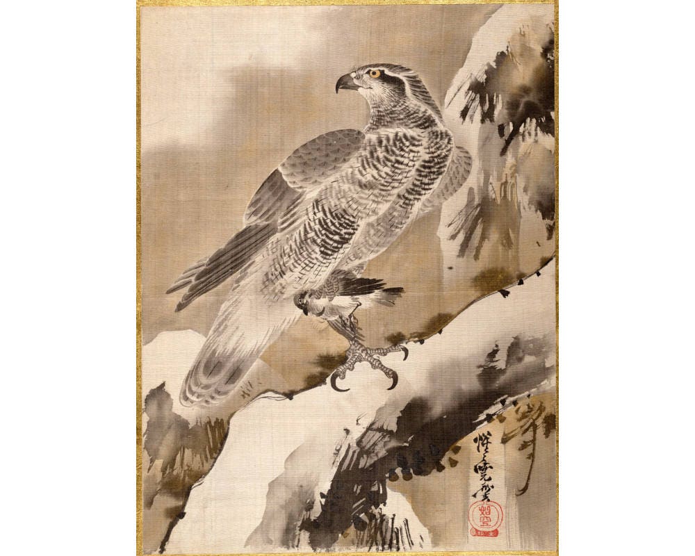 Eagle art print, Raptor, Bird of prey, Animal wall art, Bird art, Avian,  Asian art, Japanese art, Oriental decor, Silk painting, Antique art