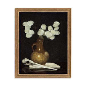 Antique Memento Mori Still Life art print, Jan Mankes oil painting, Jug with Lunaria and Heron Skull, Dark Academia wall art, Nature morte