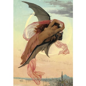 Rêves au clair de lune, impression d'art de Gabriel Ferrier, peinture de femme ancienne, femme chauve-souris, déesse de la lune, art gothique, art mural animal chauve-souris