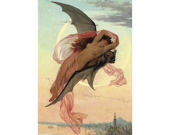 Moonlit Dreams, Gabriel Ferrier art print, Antique woman painting, Woman riding bat, Moon goddess, Gothic art, Bat animal wall art