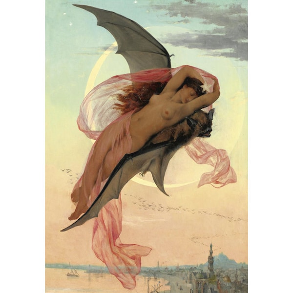 Moonlit Dreams, Gabriel Ferrier art print, Antique woman painting, Woman riding bat, Moon goddess, Gothic art, Bat animal wall art