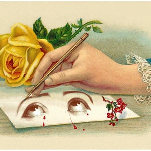 Games Gods Play, Collage art print, Surreal eyes, Victorian hand, Tears, Blood, Mater Dolorosa, Our Lady of Sorrows, Strange art, Surrealism