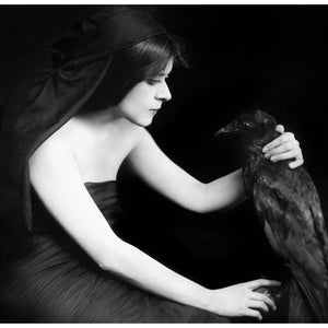 Portrait of Theda Bara with Raven art print, Gothic wall art, Witch, Occult, Goth, Vintage woman photo, Antique black and white photograph